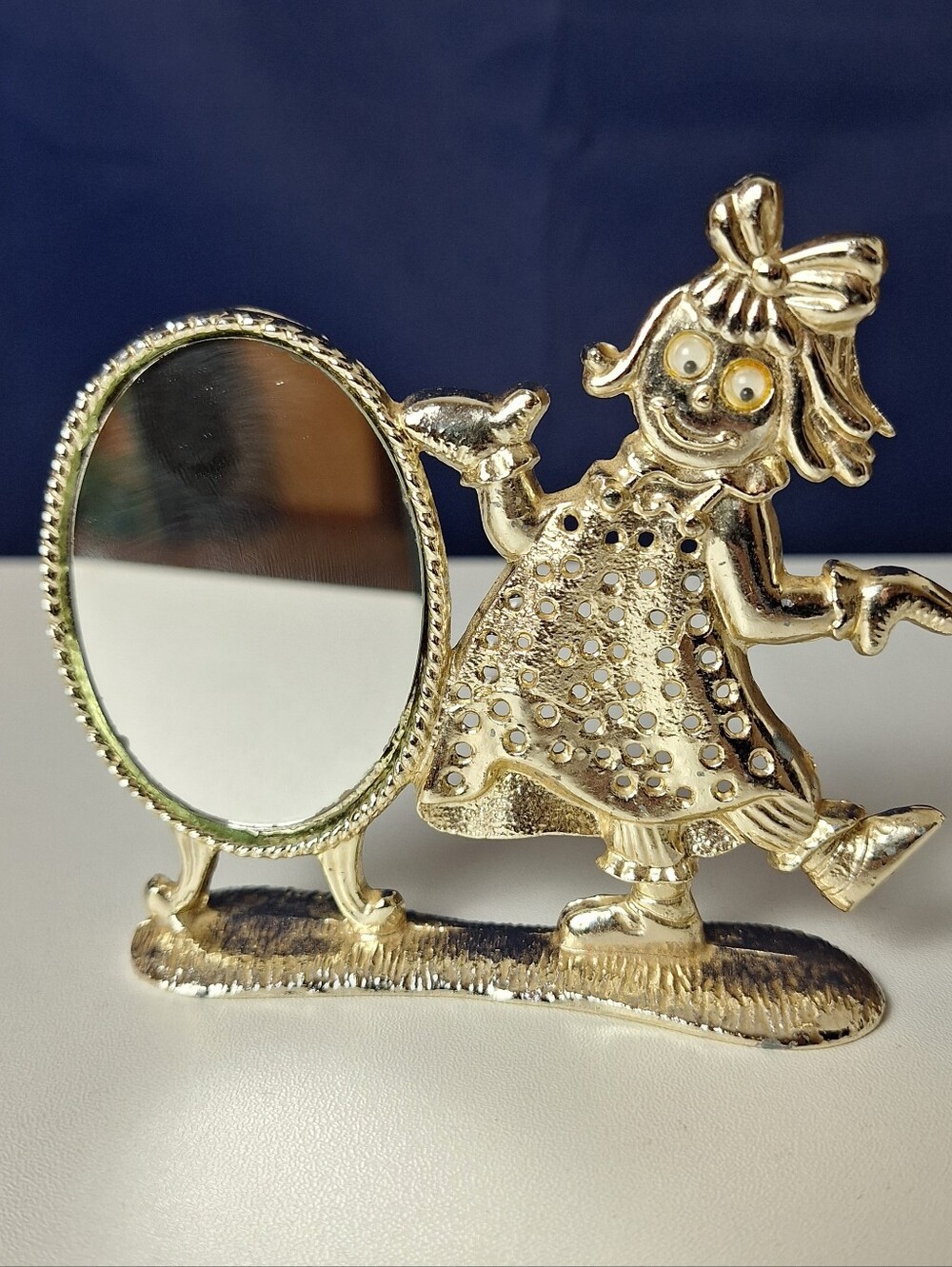 Vintage 70s Ragdoll Earring Tree Holder With Mirror Goldtone Raggedy Ann